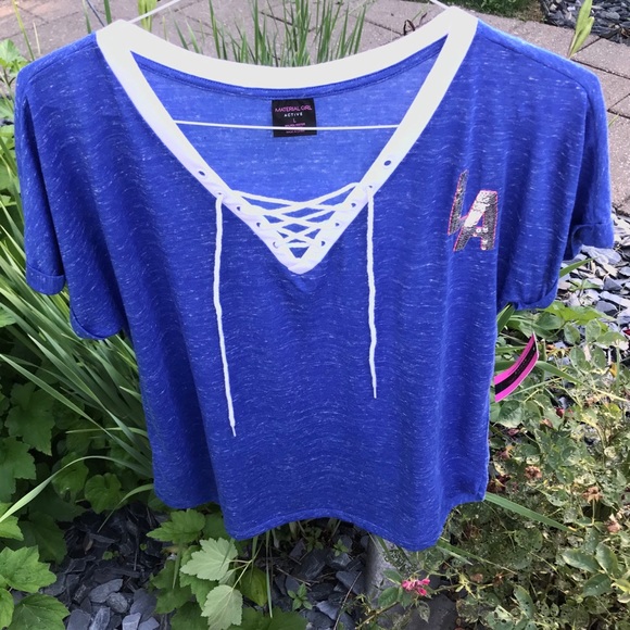Material Girl Lace up V-neck “LA” Bling T-shirt - Picture 16 of 16